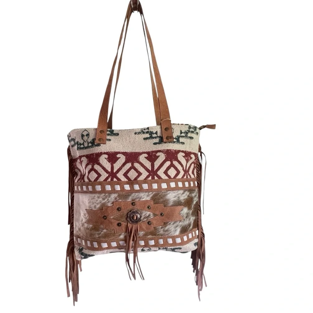 Olay Canvas Shoulder Bag Hair On Cowhide Leather Tote Aztec Fringe Neutral Color - Picture 2 of 9